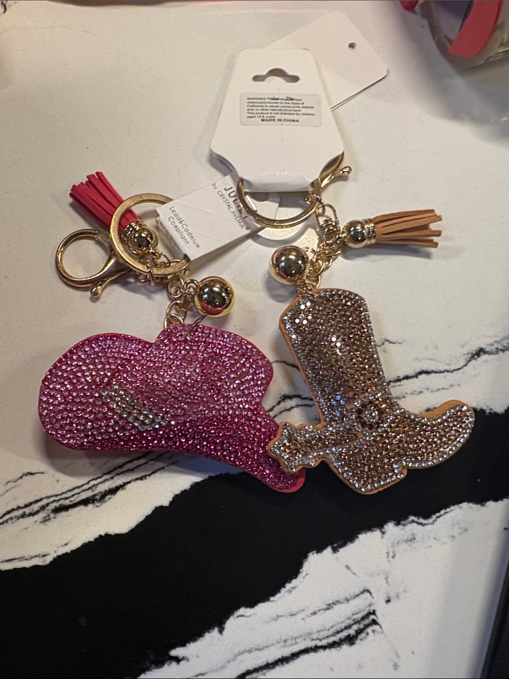 Rhinestone Lip and Cowboy Boot Keychain Set - Pink & Gold